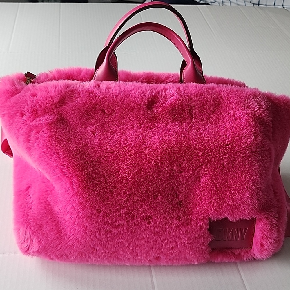 DKNY Hadlee Medium Tote Hot Pink Faux Fur with Shoulder Strap Bag - Picture 3 of 15